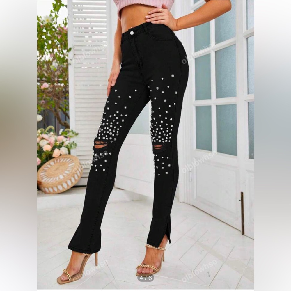 Shein black studded skinny stretch ultra high rise jeans S